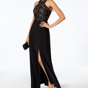 Nightway lace halter slit gown black NWT